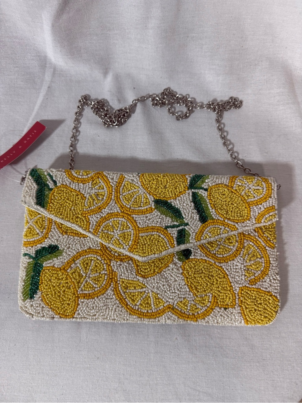 Antik Kraft cream Clutch with Yellow Lemon Bead Trim and Silver Chain
